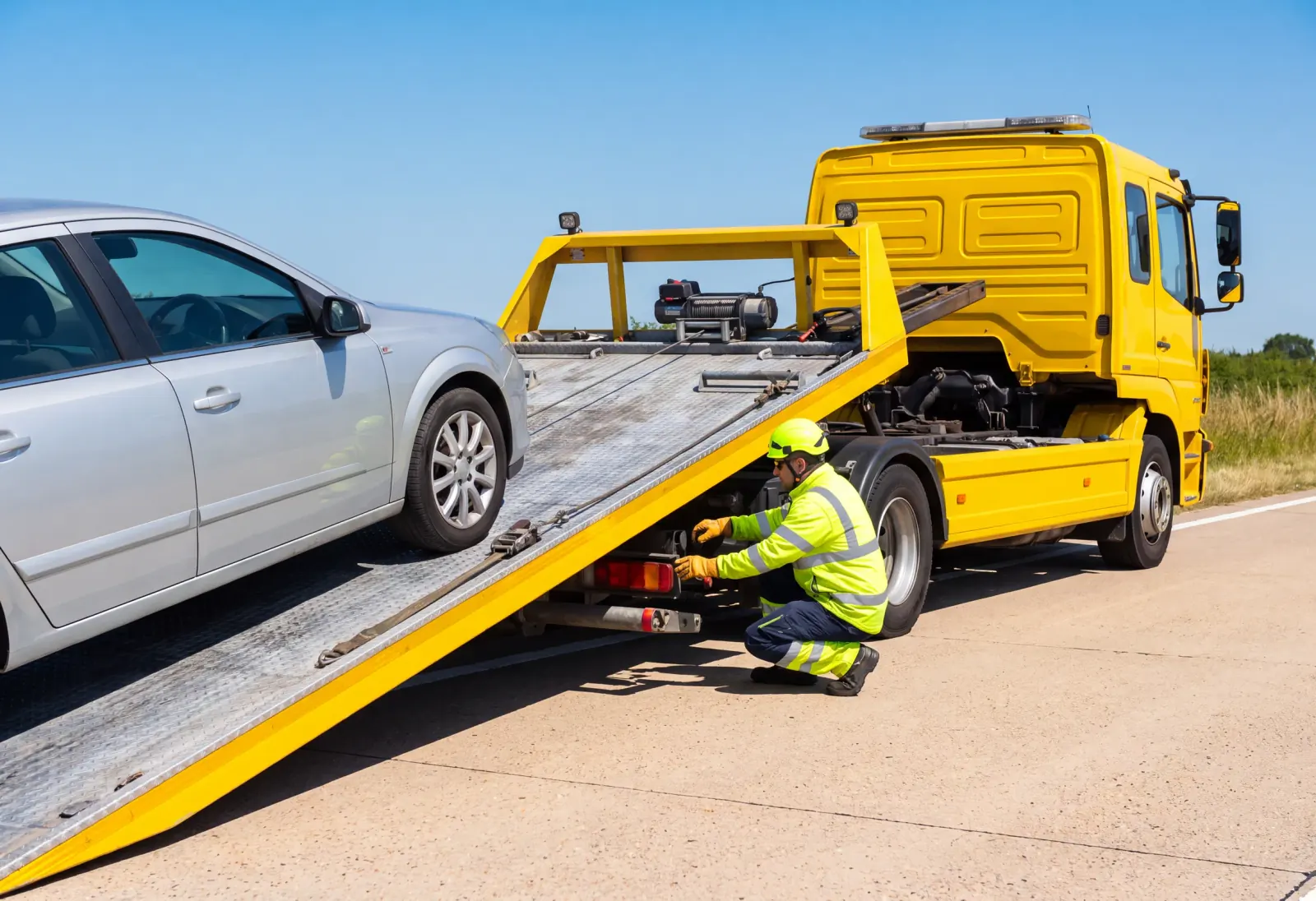Autobahn-Bergung bei Tageslicht Gelber Abschleppwagen zieht ein silbernes Fahrzeug bei Sonnenschein auf die Ladefläche am Autobahnrand