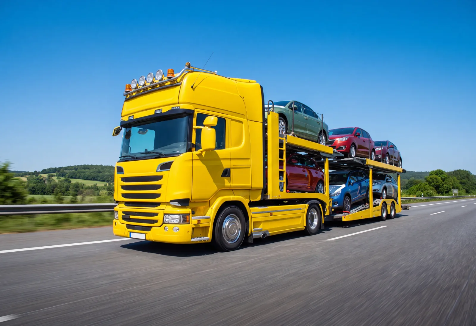 Fahrzeugüberführung auf der Langstrecke Gelber Autotransporter fährt bei blauem Himmel über die offene Autobahn