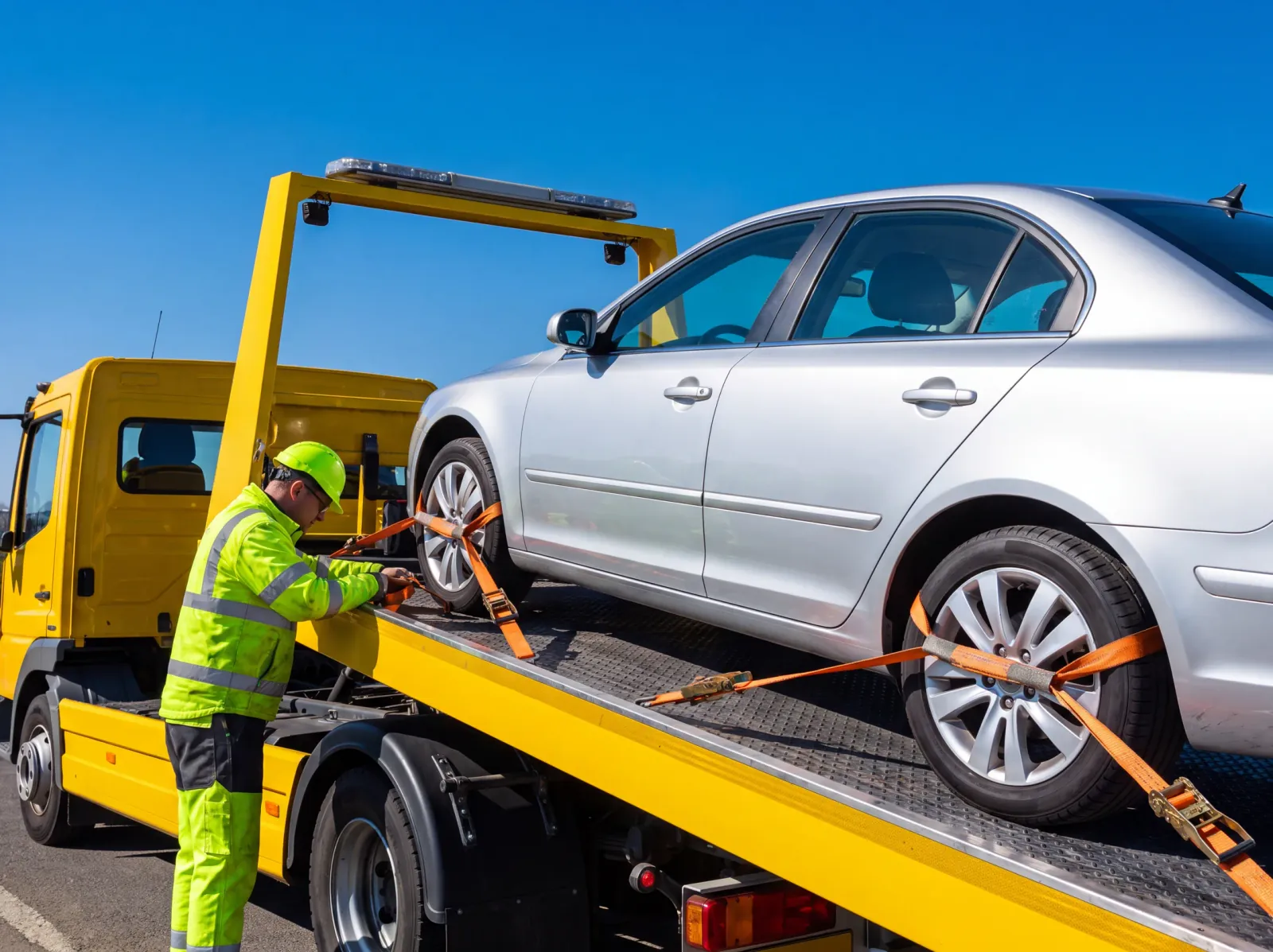 Abschleppdienst für PKW Silbernes Auto wird auf ein gelbes Plateaufahrzeug geladen