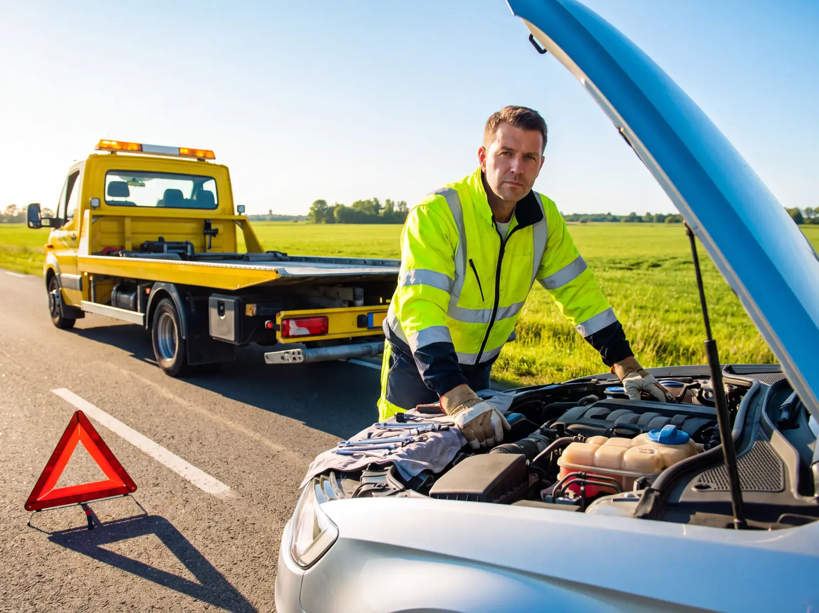 Pannenhilfe vor Ort Pannenhilfe bei Tageslicht: Monteur in Warnjacke hilft am geöffneten Motorraum, Warndreieck und gelbes Servicefahrzeug daneben