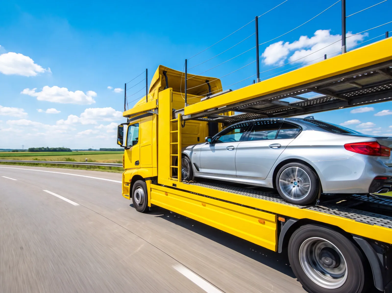 Fahrzeugüberführung Gelber Autotransporter mit Fahrzeug auf der Autobahn bei strahlendem Tageslicht